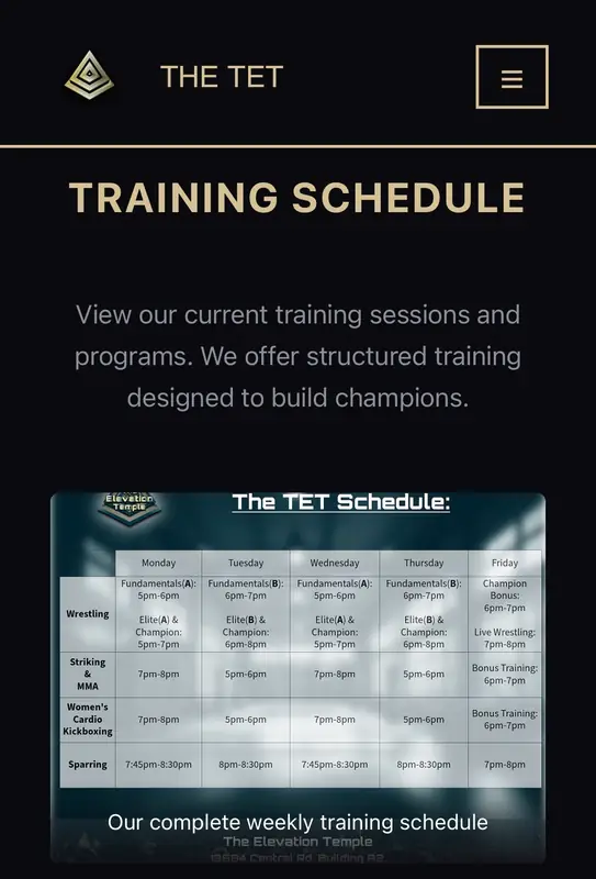 The Elevation Temple - Training schedule